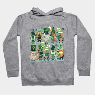 Saint Patricks gnomes // spot illo // aqua background parade with green and orange gnomes Leprechaun shamrock four leaf clovers Irish Ireland folklore Hoodie